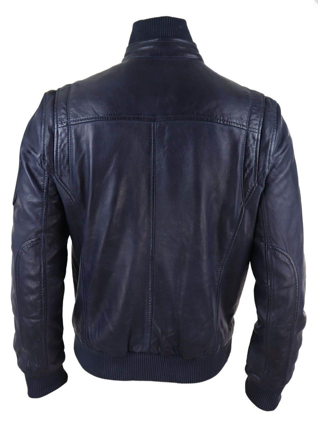 Real Leather Autumn Jacket with High Neck for Mens - Navy Color