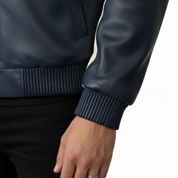 Mens Genuine Leather Bomber Jacket  Navy Red  Cream Panel Design