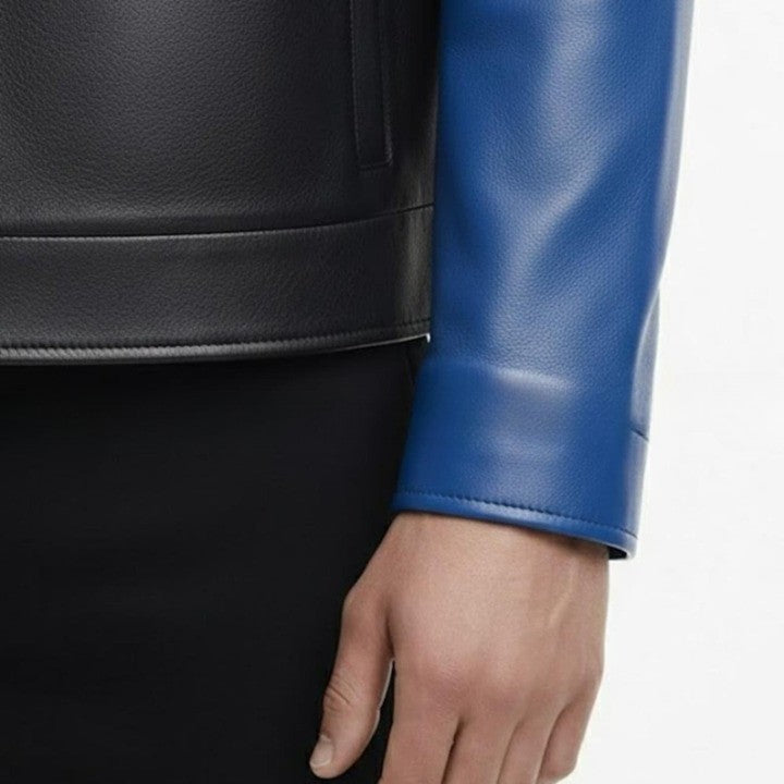 Mens Black  Blue Genuine Leather Jacket  Modern Zip Front