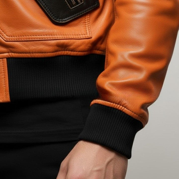 Original Leather Orange Zipper Jacket with Black Contrast Pocket And Collar Details