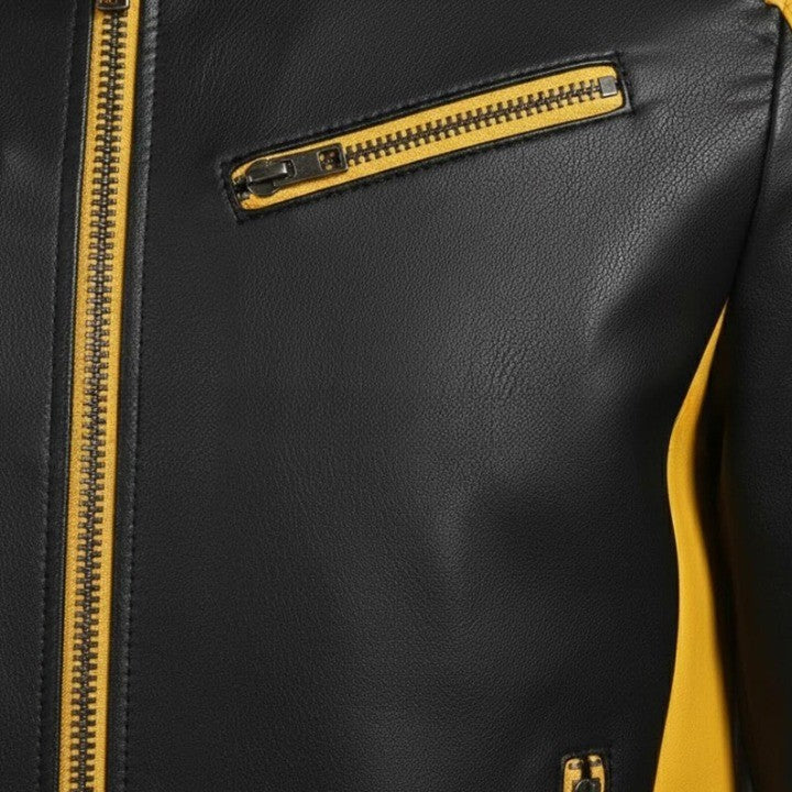 Mens TwoTone Genuine Leather Jacket  Black  Yellow Trim