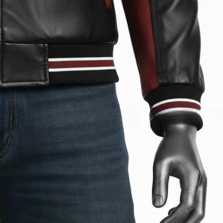 Mens Color Block Genuine Leather Jacket  Maroon  Mustard Panel Design