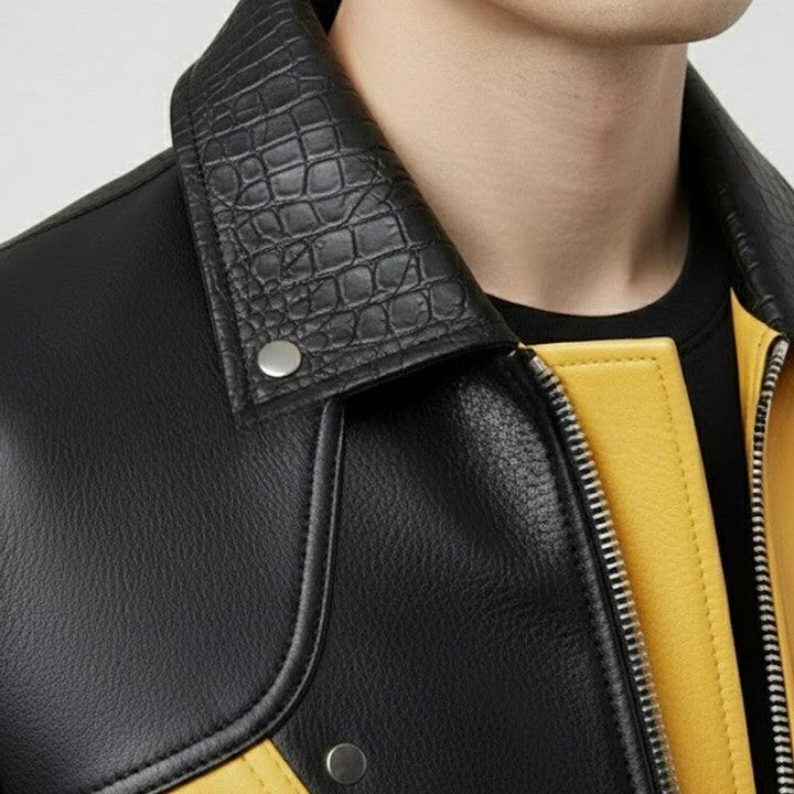 Mens Yellow and Black Leather Jacket Color Block Genuine Leather Bomber Modern Zip Up Moto Jacket Stylish Streetwear Outerwear Gift