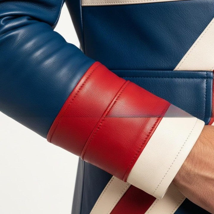 Genuine Leather Long Color Block UK Flag Coat with Geometric Panel Design