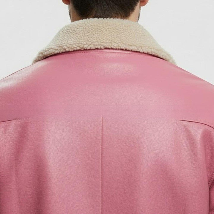 Pink Leather Jacket with Soft Shearling Collar for Men