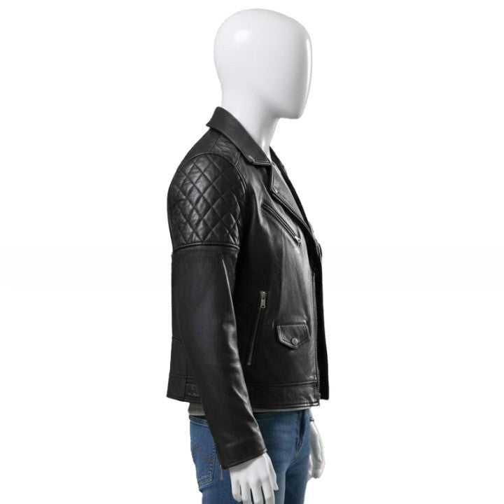 Original Leather Classic Black Moto Jacket with Quilted Shoulder Panels