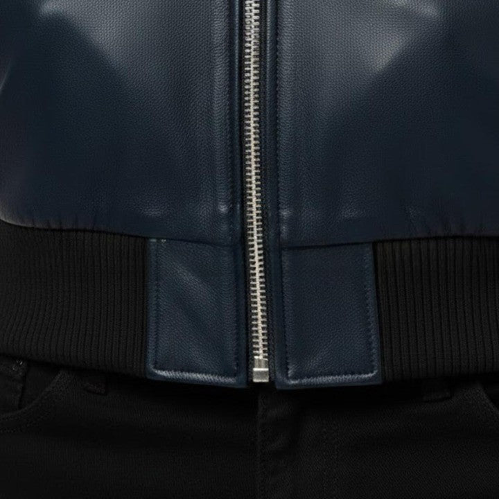 USA Text Navy Color Genuine Leather Jacket with Contrast Arm Stripe Detail