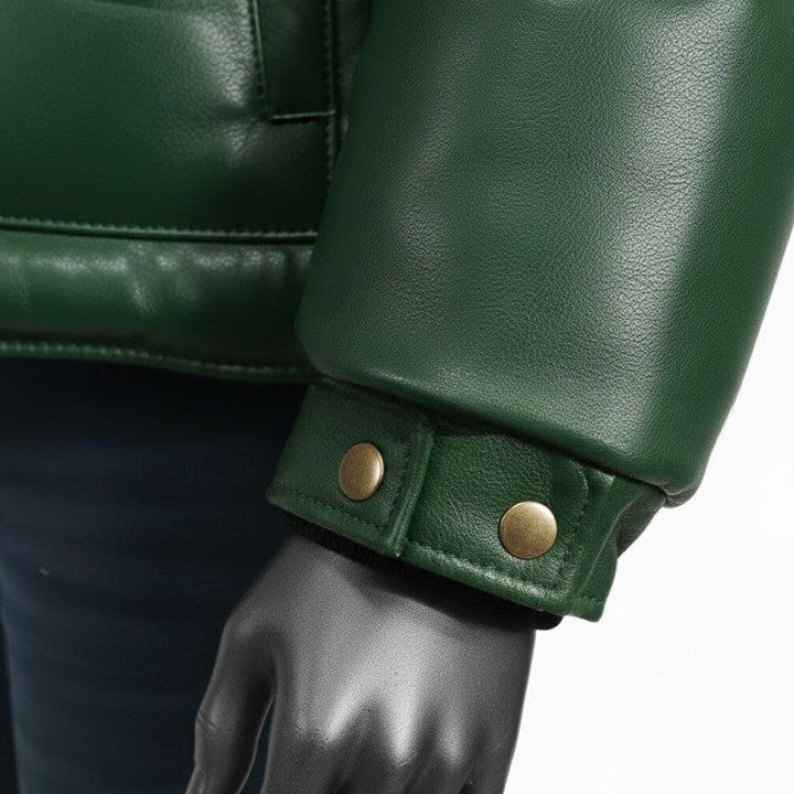 Mens Green Leather Puffer Jacket  Yellow Yoke Winter Coat