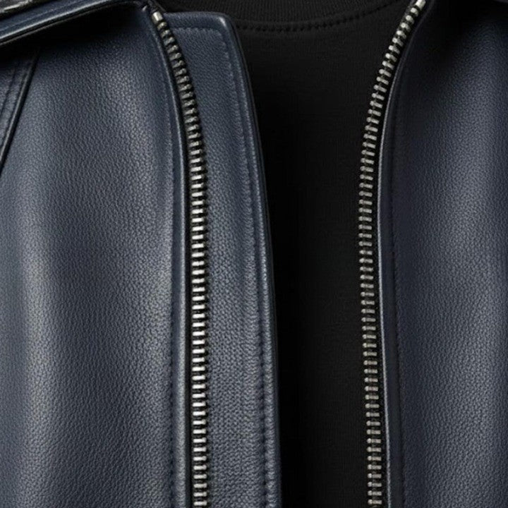 Mens Two Tone Leather Jacket   Navy  Teal Zip Up Casual Biker Style Coat