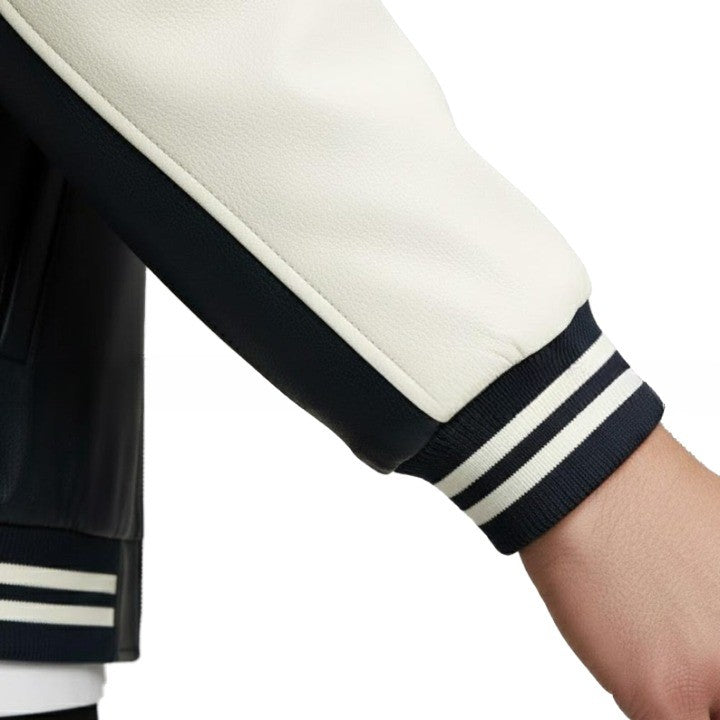 Two Tone Black and Cream Mens Leather Jacket with Front Zip and Ribbed Cuffs
