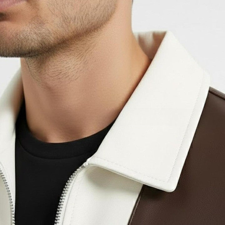 Two Tone Genuine Leather Jacket  Cream  Brown Zip Front
