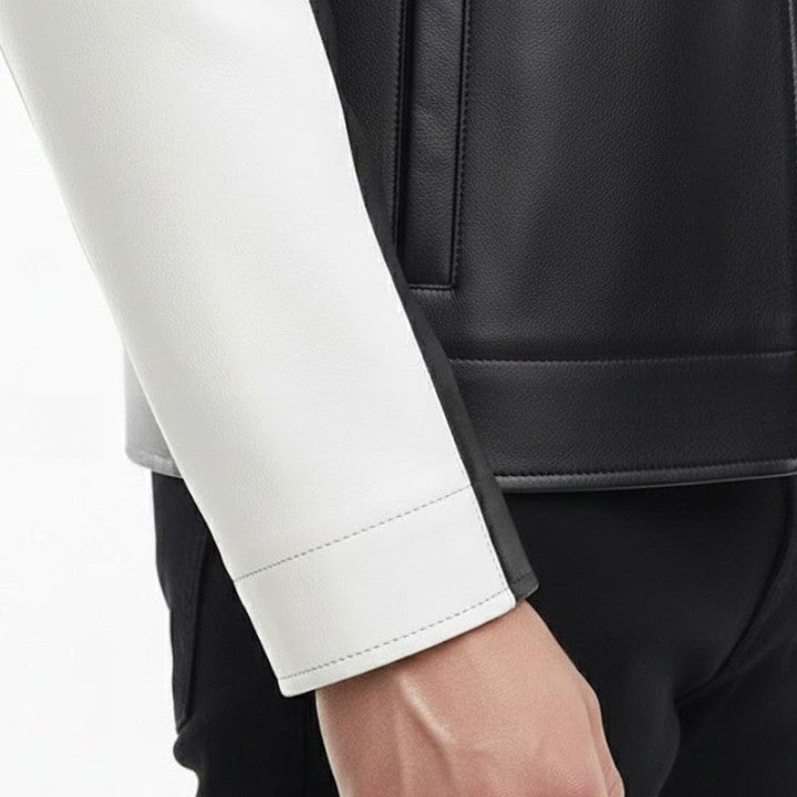 Mens Black  White Genuine Leather Jacket  Modern Zip Front