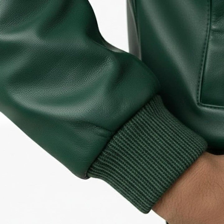 Mens Green Leather Jacket with Yellow  Cream Panel Design  Modern Zip Front Casual Jacket