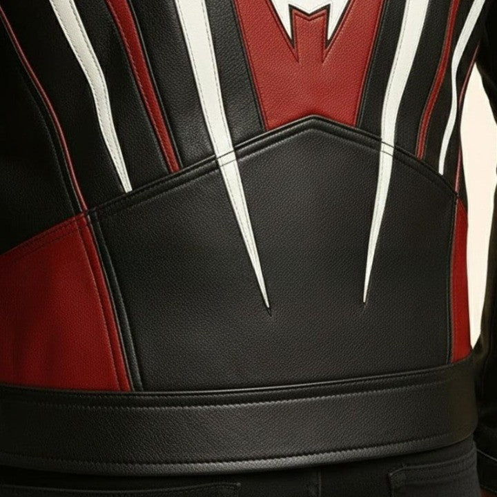Black and Red Original Leather Jacket with Angular Geometric Line Design