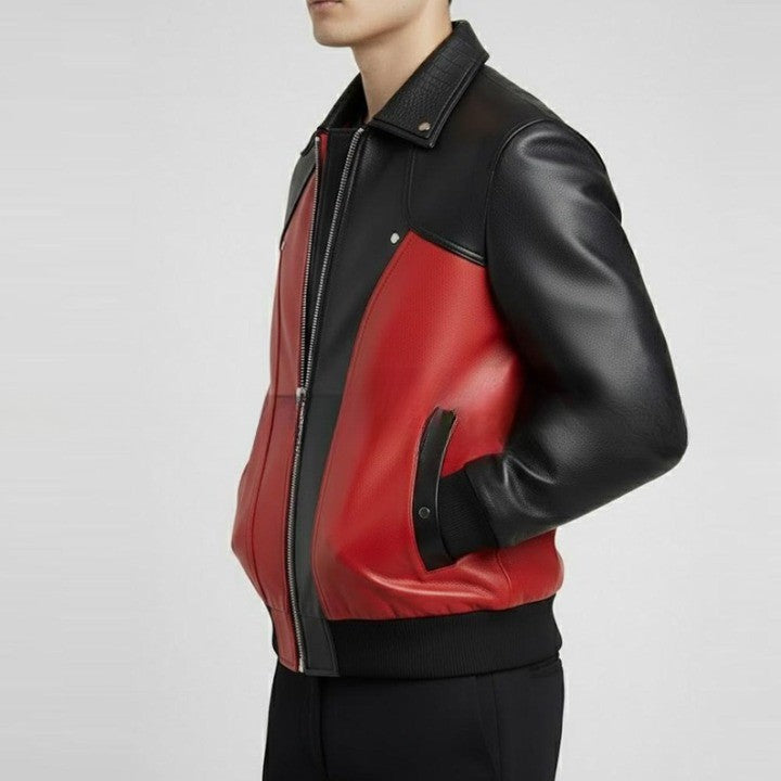 Mens Red and Black Leather Bomber Jacket Genuine Leather Zip Up Jacket Modern Two Tone Moto Style Coat Streetwear Biker Jacket Gift