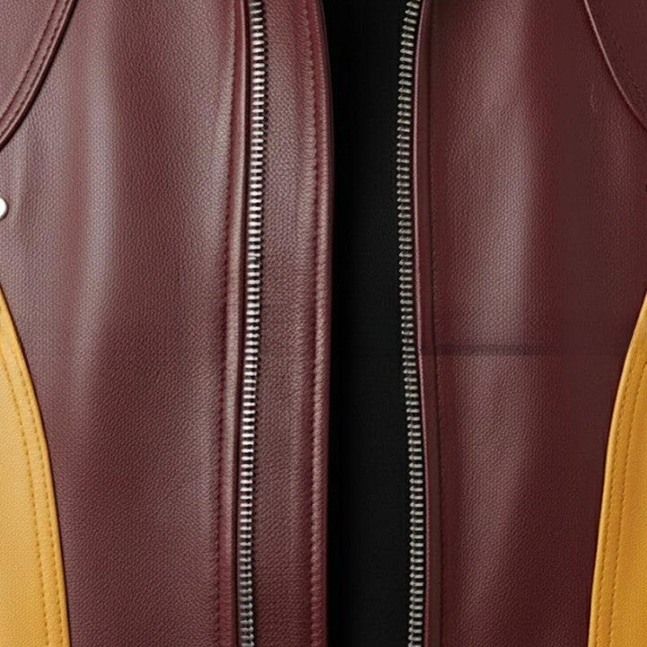 Mens Two Tone Leather Jacket  Burgundy  Mustard Zip Up Casual Retro Style Coat
