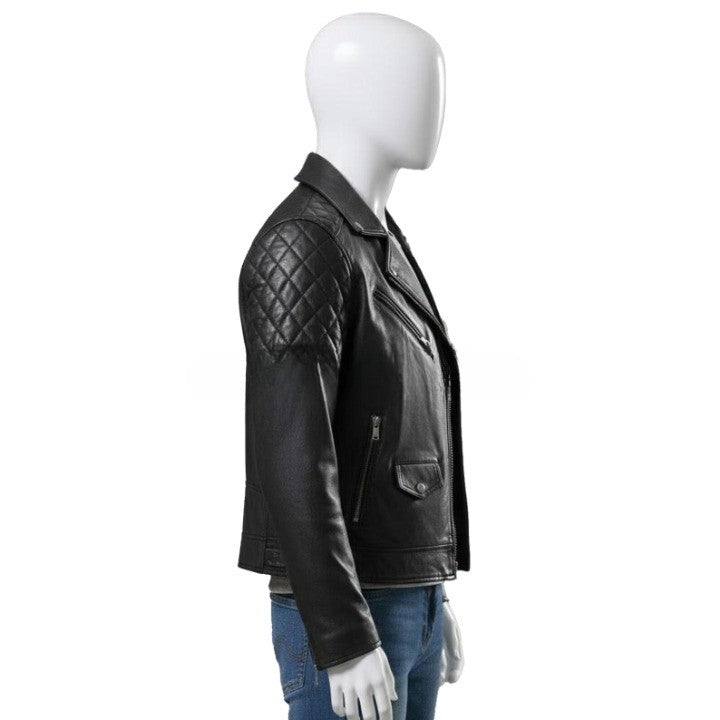 Original Leather Classic Black Moto Jacket with Quilted Shoulder Panels