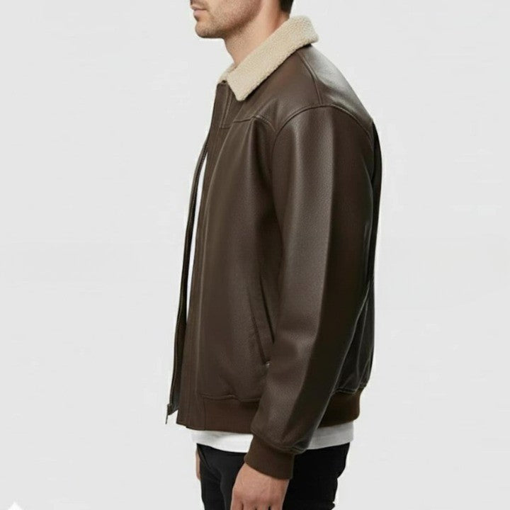 Mens Brown Genuine Leather Bomber Jacket  Sherpa Collar Aviator Style