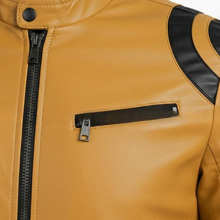 Mens Tan Genuine Leather Jacket  High Neck Front Pockets