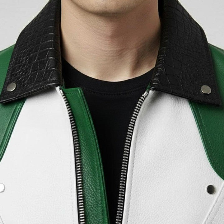Mens Green and White Leather Jacket Color Block Genuine Leather Bomber Jacket Modern Zip Up Casual Moto Jacket Trendy Street Style Coat