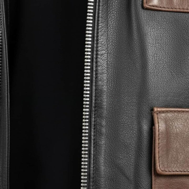 Mens Black and Brown Leather Hooded Jacket with Front Pockets  Casual Zip Front Outerwear
