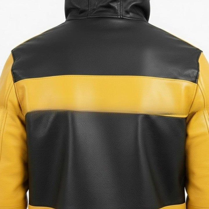 Mens Black and Yellow Leather Hooded Jacket with Front Pockets  Casual Zip Front Jackets