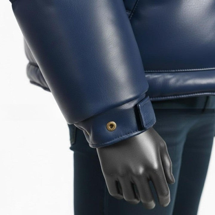 Blue Puffer Jacket with Yellow Shoulder Panels for Men  Genuine Leather Puffer Coat