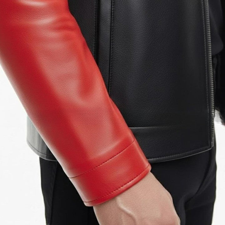 Mens Black and Red Genuine Leather Jacket Modern Zip Front
