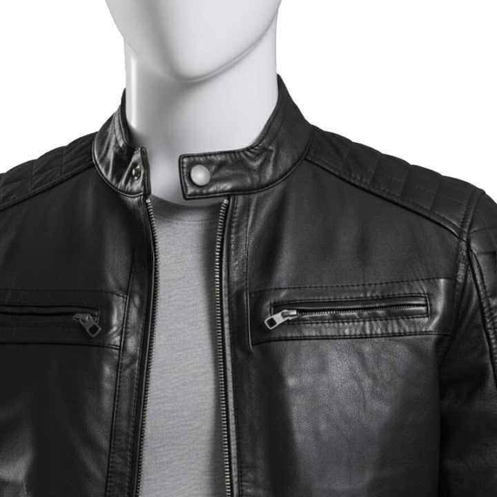 Genuine Leather Black Zipper Jacket with Quilted Shoulder Texture