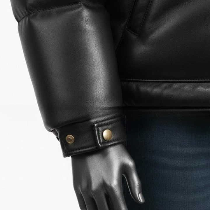 Black Padded Jacket with White Yoke Detail For Men  Genuine Leather Puffer Coat