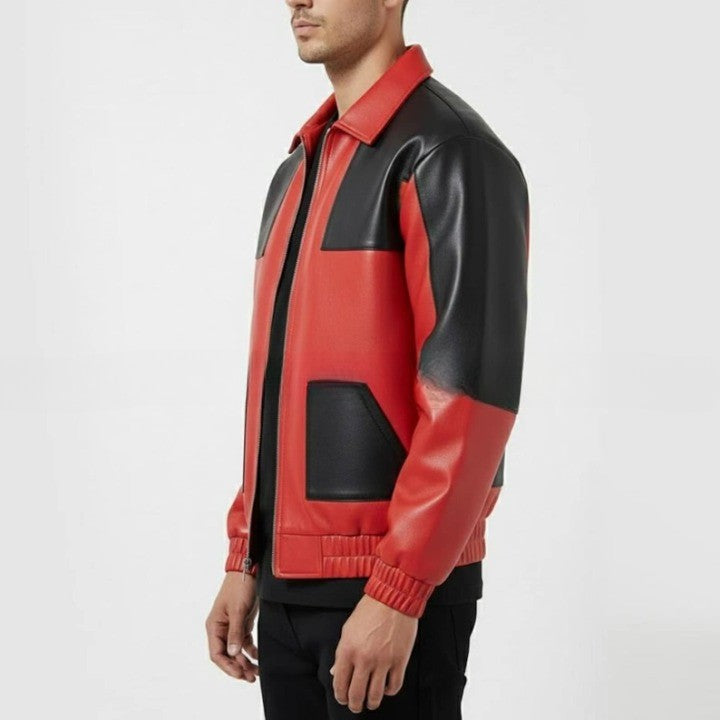 Red and Black Color Block Leather Jacket for Men  Urban Streetwear Zip Jacket