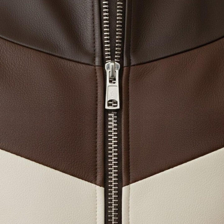 Mens Black Genuine Leather Jacket  Red  White Stripe Detail