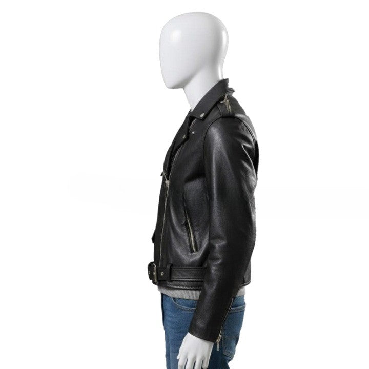 Genuine Leather Black Biker Jacket with Studded Shoulder Details