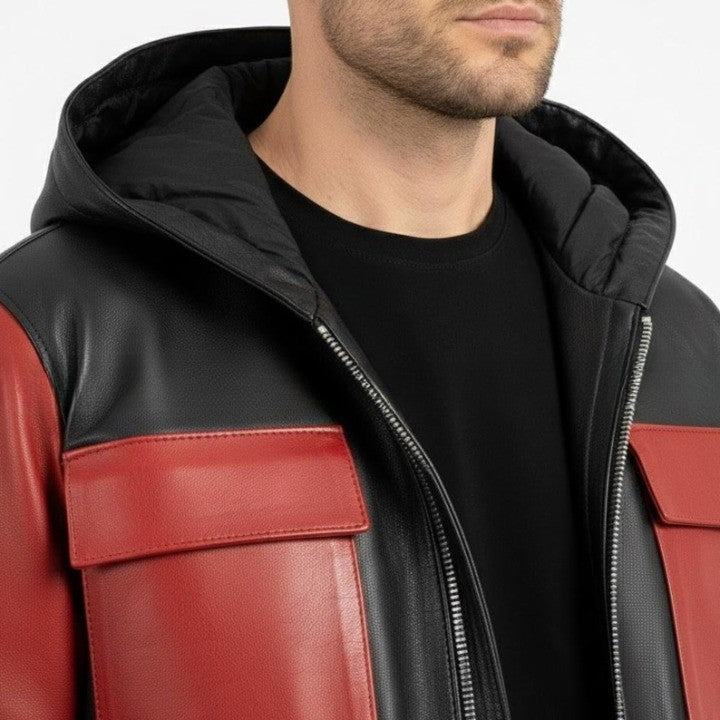 Mens Black and Red Genuine Leather Hooded Jacket  Zip Front Coat