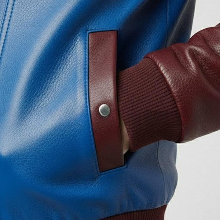 Mens Burgundy and Blue Leather Jacket Color Block Genuine Leather Bomber Jacket Modern Zip Front Moto Jacket Stylish Streetwear Gift -