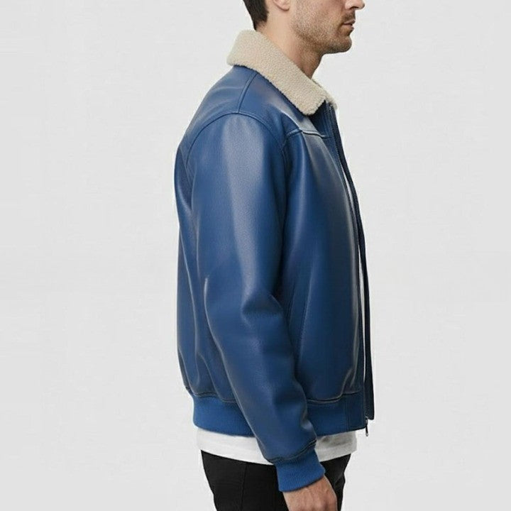 Mens Blue Leather Jacket with Warm Collar and Modern Fit