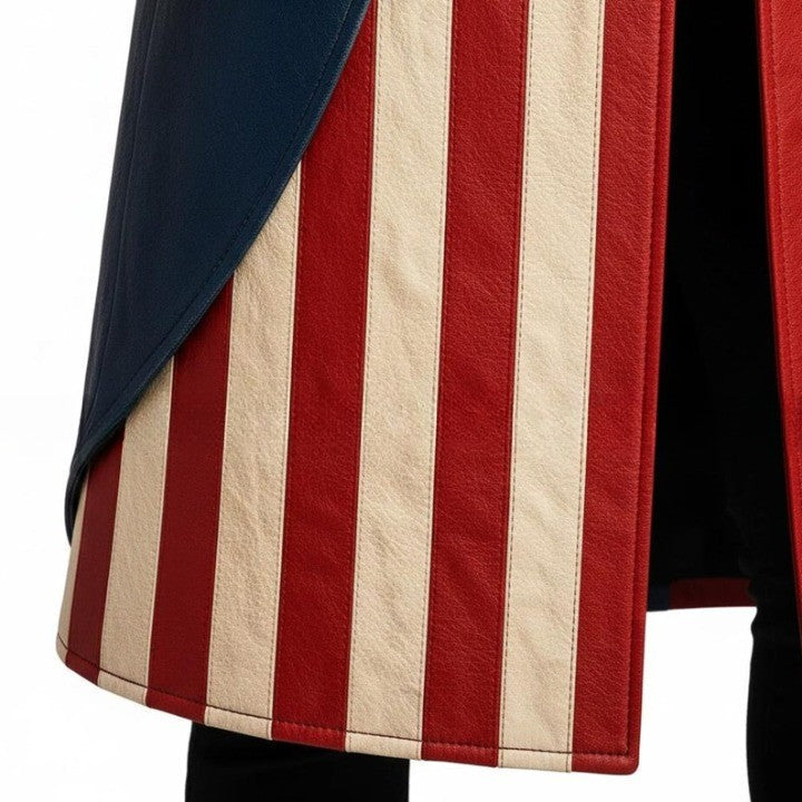 Genuine Leather American USA Flag Long Blue Statement Coat With Star and Stripe Pattern