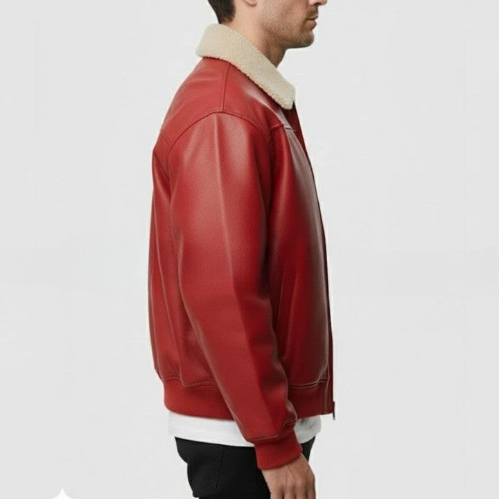 Mens Red Genuine Leather Bomber Jacket Shearling Collar Aviator Style