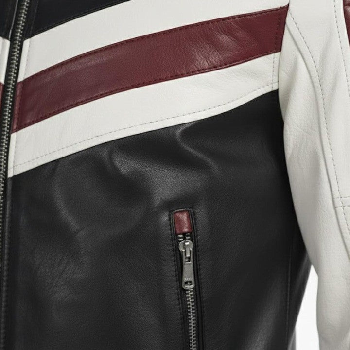 Mens Genuine Leather Racing Jacket  Contrast Panel Fashion Coat