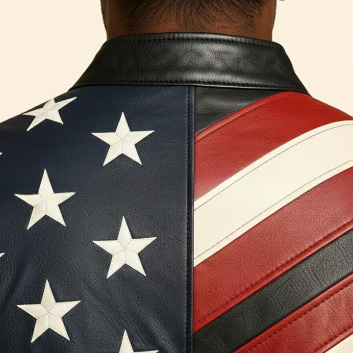American Flag Genuine Leather Jacket Black Biker USA Jacket with Star And Stripe Panels