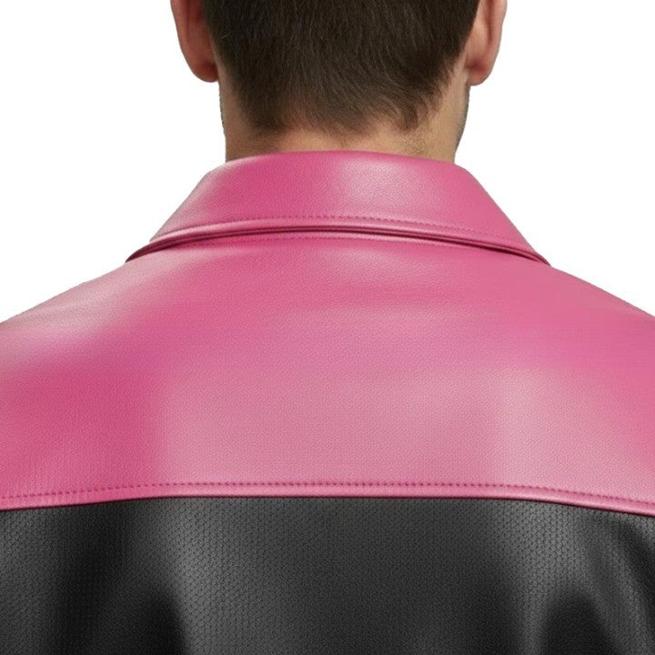 Pink and Black Mens Genuine Leather Jacket with Zip Front and Contrast Panel Styling