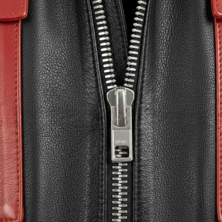 Mens Black and Red Genuine Leather Hooded Jacket  Zip Front Coat
