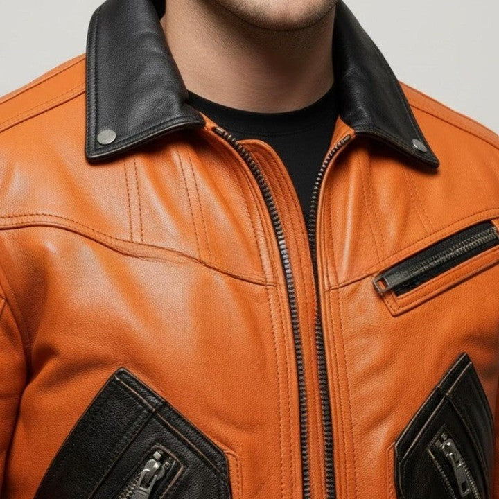 Original Leather Orange Zipper Jacket with Black Contrast Pocket And Collar Details