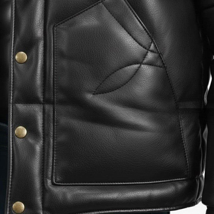 Black Padded Jacket with White Yoke Detail For Men  Genuine Leather Puffer Coat
