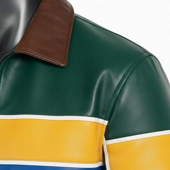 Genuine Leather Blue Jacket with Yellow And Blue Accent Panels