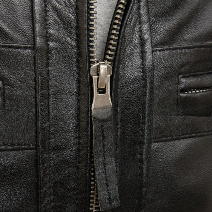 Genuine Leather Black Zipper Jacket with Quilted Shoulder Texture