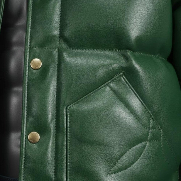 Mens Green Leather Puffer Jacket  Yellow Yoke Winter Coat