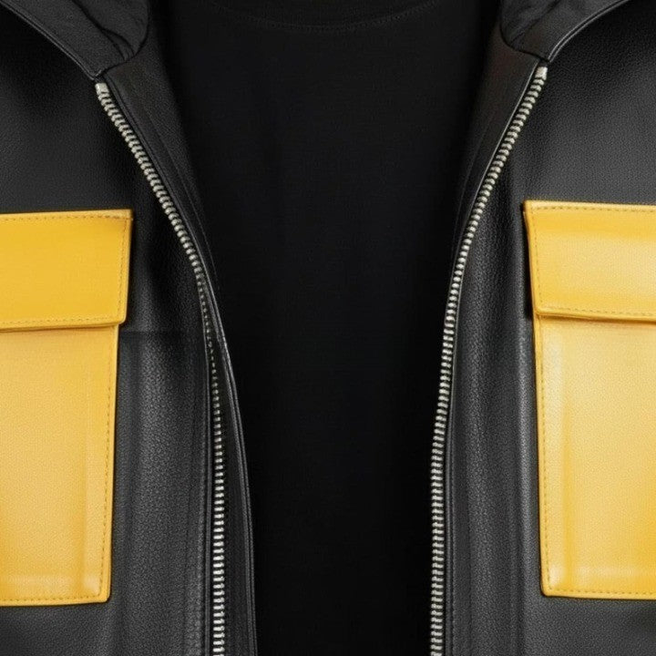 Mens Black and Yellow Leather Hooded Jacket with Front Pockets  Casual Zip Front Jackets