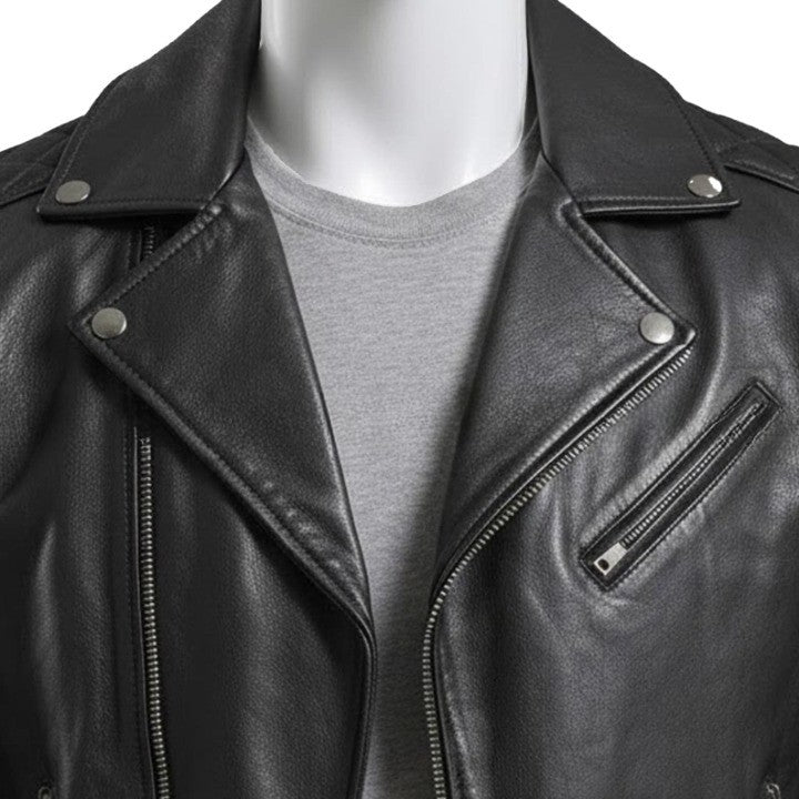 Original Leather Classic Black Moto Jacket with Quilted Shoulder Panels