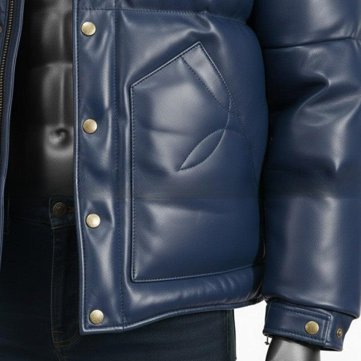 Blue Puffer Jacket with Yellow Shoulder Panels for Men  Genuine Leather Puffer Coat